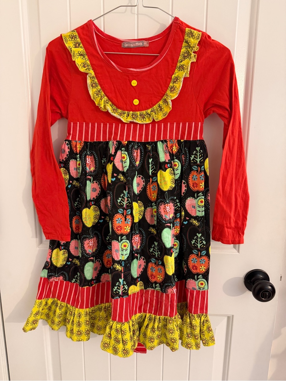 Jelly the Pug Girls Red & Black Long-Sleeve Apple Print Dress size 10 EUC